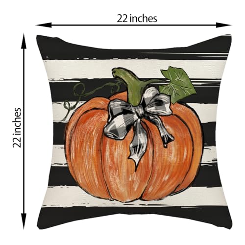 Watercolor Pumpkin Fall Pillow Covers Set of 2 22x22 Inches Black Stripes Halloween Decor