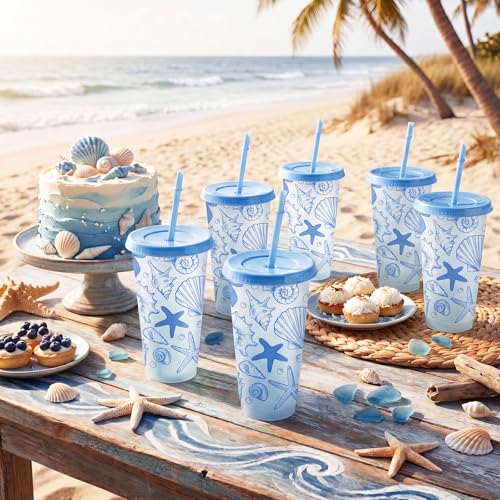 24 oz Coastal Summer Plastic Cups with Lids & Straws - Blue Bow Shells
