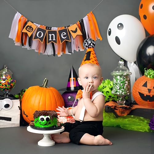 Halloween First Birthday Banner with Pumpkin & Bat Decorations - Kids Party Garland