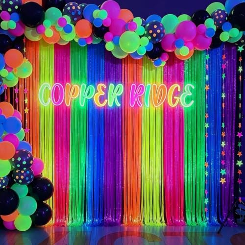 Glow in The Dark Neon Rainbow Foil Fringe Curtain - Party Backdrop & Decor