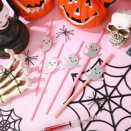 Pink Ghost Halloween Paper Straws - 40Pcs Glitter Ghost Party Drink Staws with Decorations