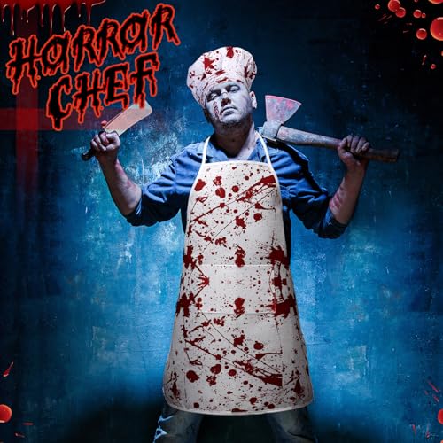 Halloween Bloody Chef Apron & Hat Set - White, Red Bloody Style, 2 Pieces