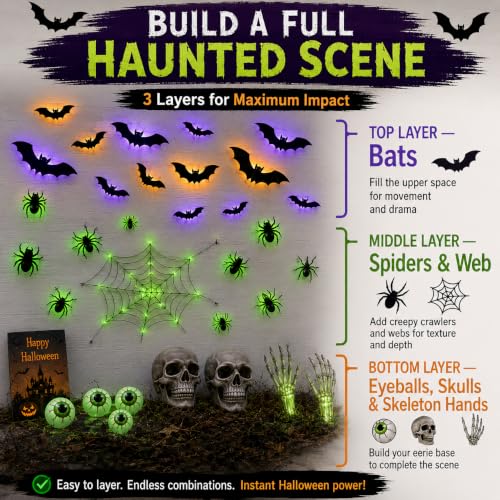 Halloween 41-Piece Light-Up Bat & Spiders Wall Decor Kit with Glow Effects