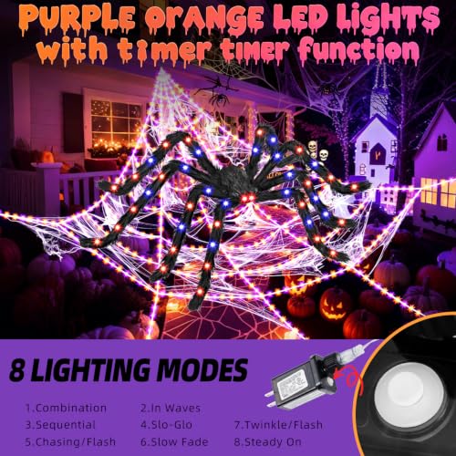 Outdoor Halloween Lighted Spider & Web Decor Set - Orange & Purple, Includes Spider & Mini Spiders