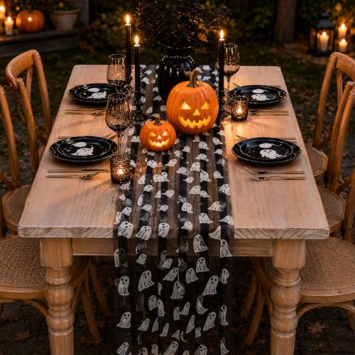 Halloween Ghost Table Runner 29x120 Inches Black Tulle Decor - Variation of Ghost / 29x120-1 pc