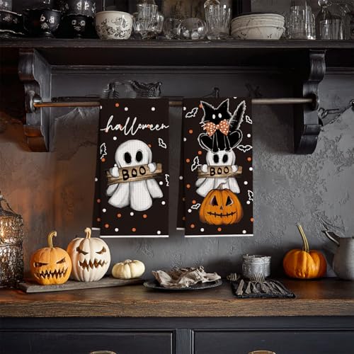 18x26 Inch Microfiber Kitchen Towels Set of 2 - Black Cat Pumpkin Ghost Halloween Design