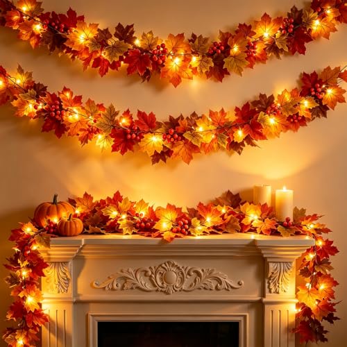 Fall Garland with Lights - 11.8ft Maple Leaf Wreath for Autumn Decor