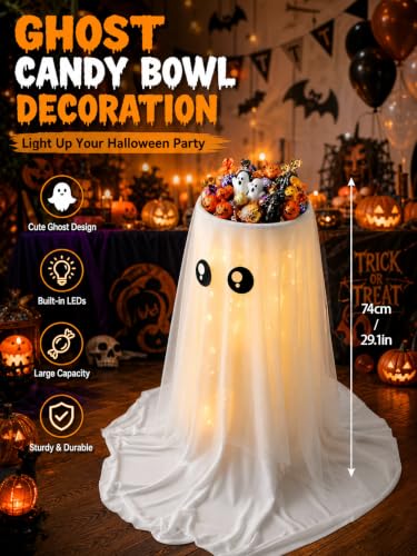 Halloween Candy Bowl Stand with Light-Up Ghost Decor - 32 Inch White, Includes Water Bag