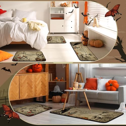 Retro Halloween Kitchen Rugs Set 3 Pcs Skeleton Crow Eagle Waterproof Non Slip Mats