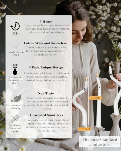Halloween Ghost Taper Candles Set - 6 Twisted Spooky Decor Candles for Indoor Halloween Parties