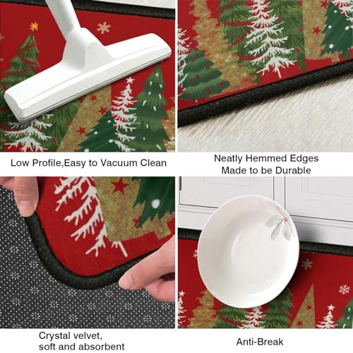 Christmas Tree Kitchen Rug Set - Red Non-Slip Xmas Floor Mats with Variation