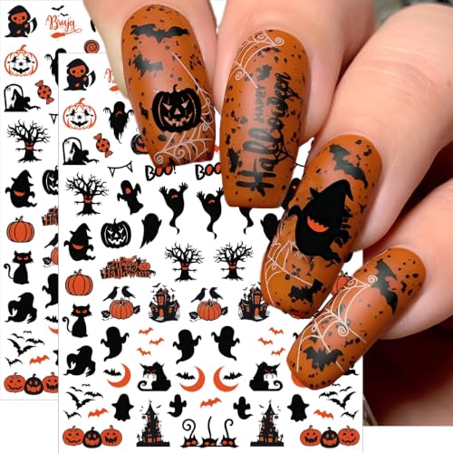 Halloween Nail Stickers Set - 4 Sheets Cute Ghost Pumpkin Bat Decals with Variation Halloween 4 Sheets
