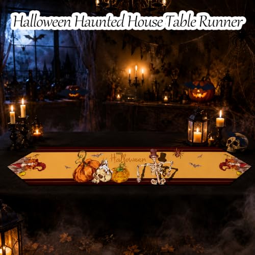 Halloween Table Runner Pumpkin Skeleton Witch Decor 71x12 Yellow