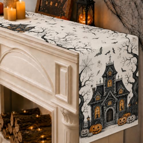 Haunted Castle Halloween Table Runner 13x72in for Home Decor - Orange Pumpkins & Ghosts