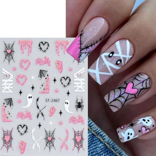 Halloween Nail Stickers Set - 3D Self-Adhesive Glitter Spider Web Ghost Bat Skull for Autumn DIY Nails