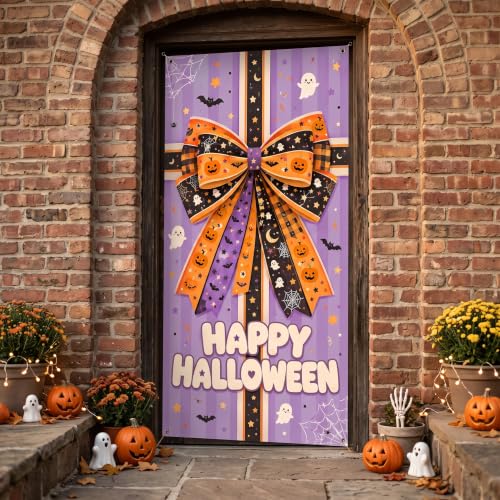 Halloween Door Cover Banner with Gift Bow Design - 70.8 x 35.4 in for Party & Home Decor