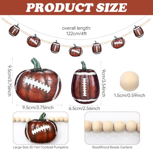 Football Pumpkin Felt Garland with Wood Beads - Fall Harvest Decor 4 ft