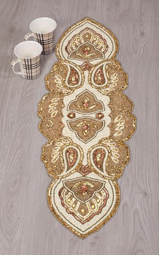 Ivory Gold Beaded Christmas Table Runner - Paisley Handmade Decor 13x36