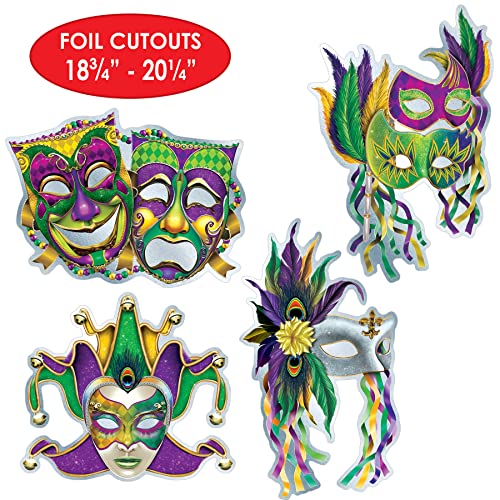 Mardi Gras Mask Decorations Set - 8 Foil Cardstock Wall Cut Outs for Carnival Party