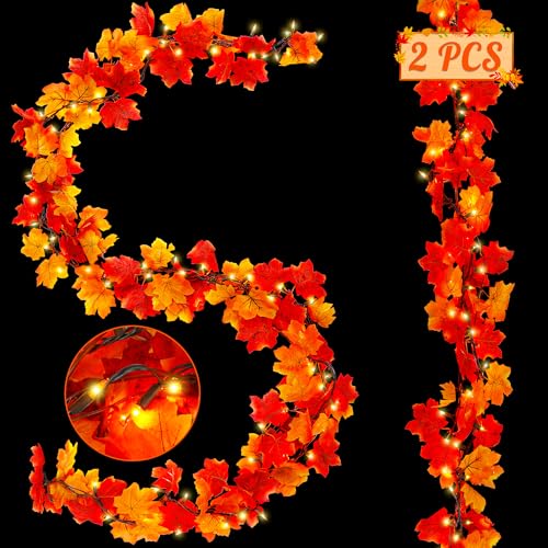 2-Pack 18FT Plug-In Fall Garland with Lights for Thanksgiving & Halloween Decor - Orange Leaves