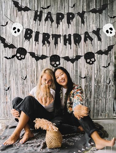 Halloween Birthday Banner with Bat & Skull Decorations - Black Glitter Party Decor