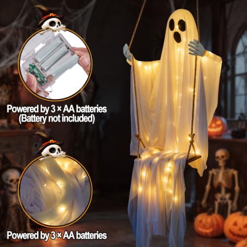 Halloween Decorations Outdoor 4.6FT Hanging Swing Ghost with 8 Light Modes - Yard Porch Decor