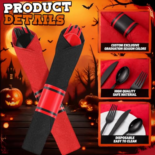 Halloween Disposable Silverware Set - Red & Black, 50 Sets, Pre-Rolled Utensils & Napkins