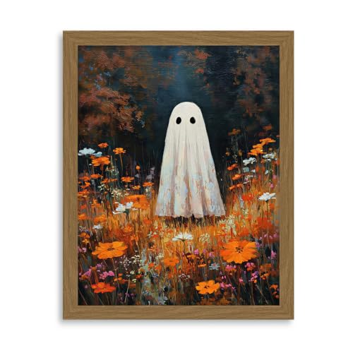 Ghost Flowers Fall Wall Art Canvas - Framed Autumn Forest Halloween Decor 8x10 Inch