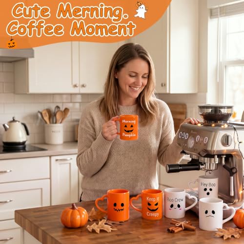 Halloween Coffee Mug Set with Heart Handles - 6 Pack, 10 Oz, Halloween / Yellow White Black