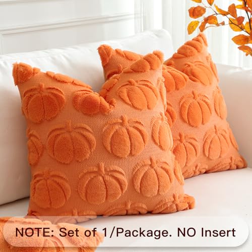 Fall Pumpkin Pillow Cover Set - Orange 16x16 Inch Wool Velvet Sofa Cushion