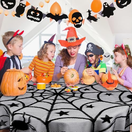 Halloween Round Black Lace Spiderweb Tablecloth 40 Inch - Festive Table Decor