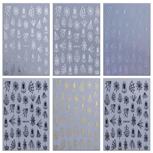 Halloween Spider Web Nail Stickers - 6 Sheets Self-Adhesive 3D Nail Decals for Manicure