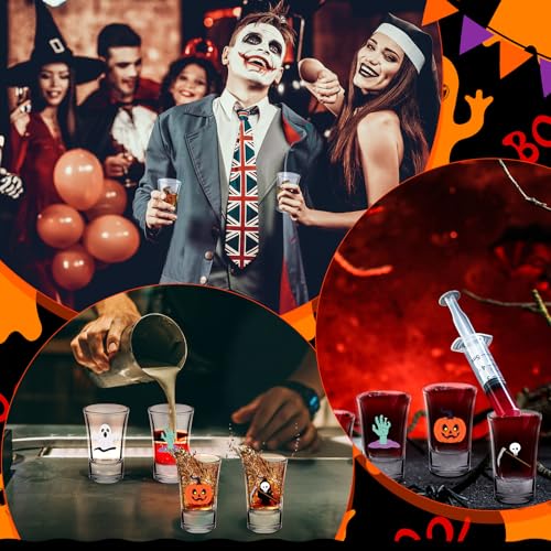 Halloween Shot Glasses Set - 24 Mini 1.5oz Glasses with Holiday Accessories