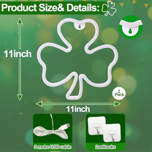 Shamrock Neon Lights - 2 Pack 11 Inch LED Clover Window Decor for St. Patrick's Day - USB Powered, Indoor Outdoor Wall Art (Variation: Shamrock)
