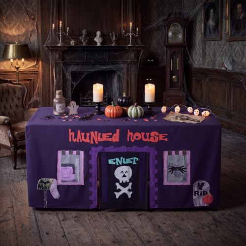 Halloween Haunted House Tablecloth - Large 67x25.5x40 Inch, Black, Classic Theme