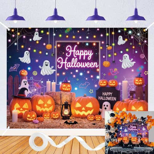 Halloween Neon Backdrop 7x5FT Pumpkin Ghost Banner Photo Booth Decor Kids Party