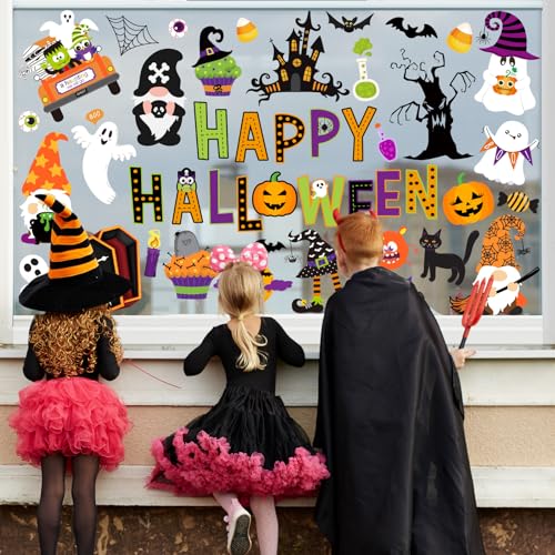 Halloween Window Clings - 9 Sheets, Reusable Cartoon Pumpkin Ghost Gnome Decorations