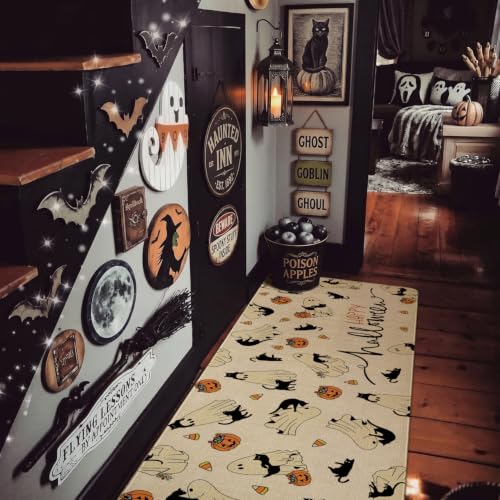 Ghost Black Cat Halloween Kitchen Rugs Set of 2 - Spooky Non-Slip Washable Mat