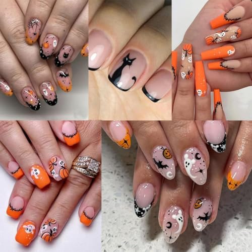 Halloween Nail Stickers Set - Pumpkin Ghost Bat Skull 3D Self-Adhesive Nail Art Decals - Style C