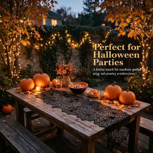Halloween Spider Web Lace Table Runner for Dining & Decor - Black, 18x72 Inches
