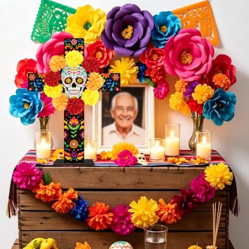 Colorful Large Day of the Dead Wooden Cross Tabletop Decor - Mexican Halloween Altar Centerpiece