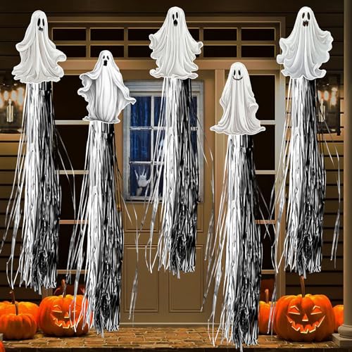8PCS Outdoor Halloween Ghost Decorations with Silver Tassels for Lawn Garden & Wall