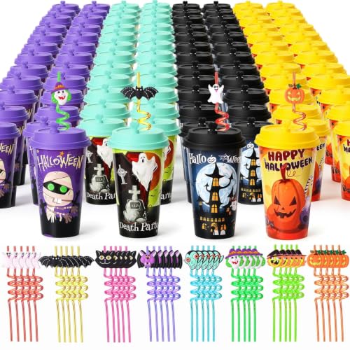 100 Pack Halloween Plastic Cups with Lids & Silly Straws - Festive Party Favors