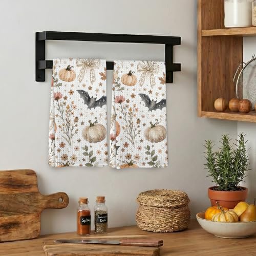 Fall Pumpkin Bat Floral Kitchen Tea Towels Set of 2 - Autumn Halloween Decor, 16x24in, Variation: Fall Pumpkin 18