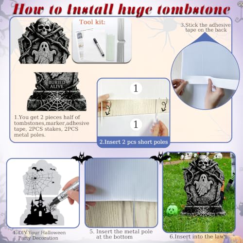 Halloween Tombstones Outdoor Decorations 5 Pack - Plastic Gravestones with Metal Stakes