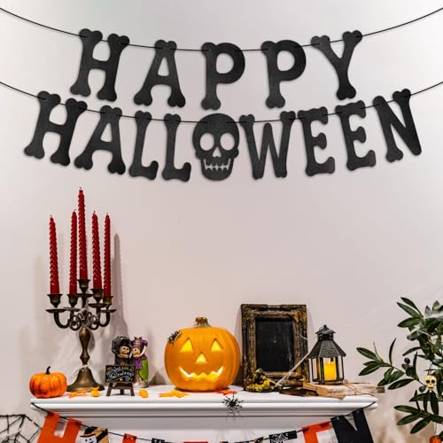 Halloween Skeleton Banner with Glitter Paper - Black Halloween Wall Decorations