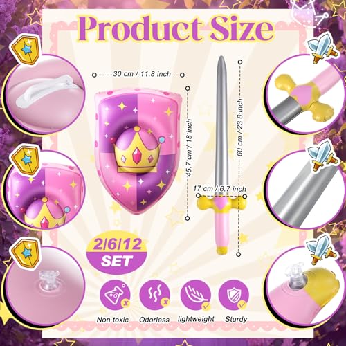 Princess Knight Inflatable Sword & Shield Set - 4 Pcs for Party, Pink, Princess Variation