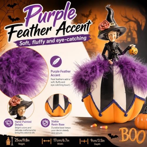 Halloween Witch Figurine with Pumpkin and Basket - Black and White Home Decor