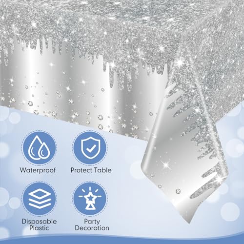 Disposable Glitter Diamond Tablecloths - Silver, 12 Pack, 54 x 108 Inches