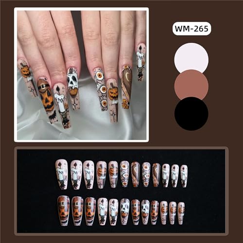 Halloween Press on Nails Long Square Fake Nails with Pumpkin Candy Evil Eye Candle Coffin Design - Variation 5